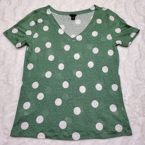 Ann Taylor Green and White Polka Dot V-Neck Top